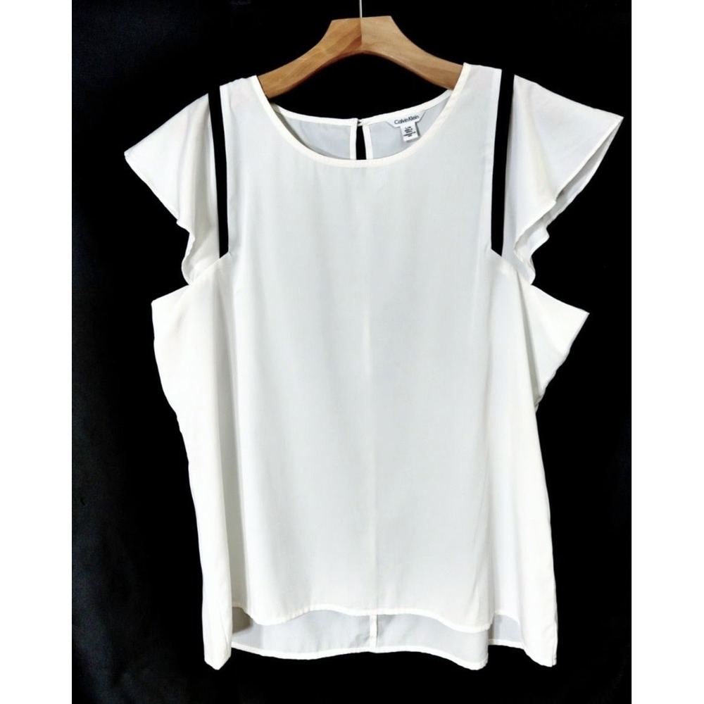 Calvin Klein White Chiffon Top Minimalist Quiet Luxury Retro Casual Sporty sz L